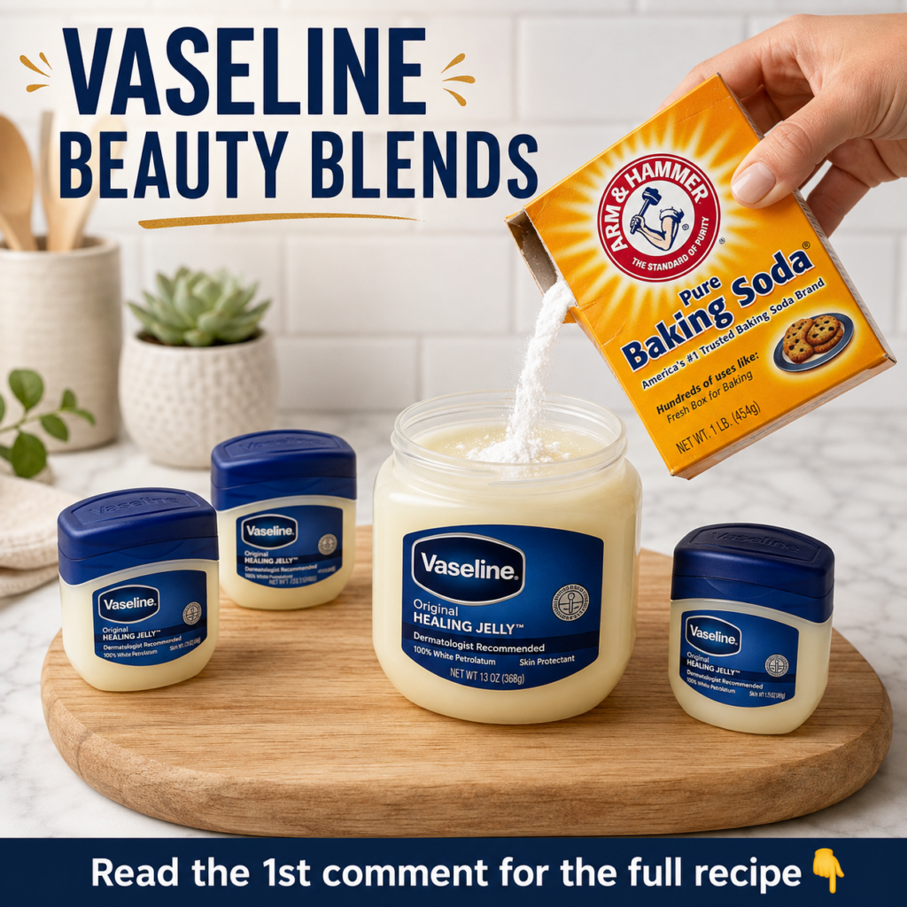 A hand pouring baking soda into a tub of Vaseline on a wooden cutting board with a kitchen background