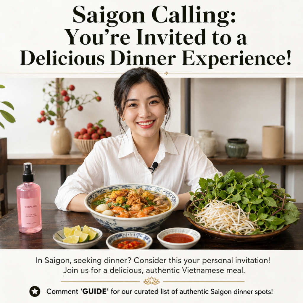 A young smiling Asian woman is seated at a wooden table enjoying a large flavorful bowl of Vietnamese noodle soup with s
