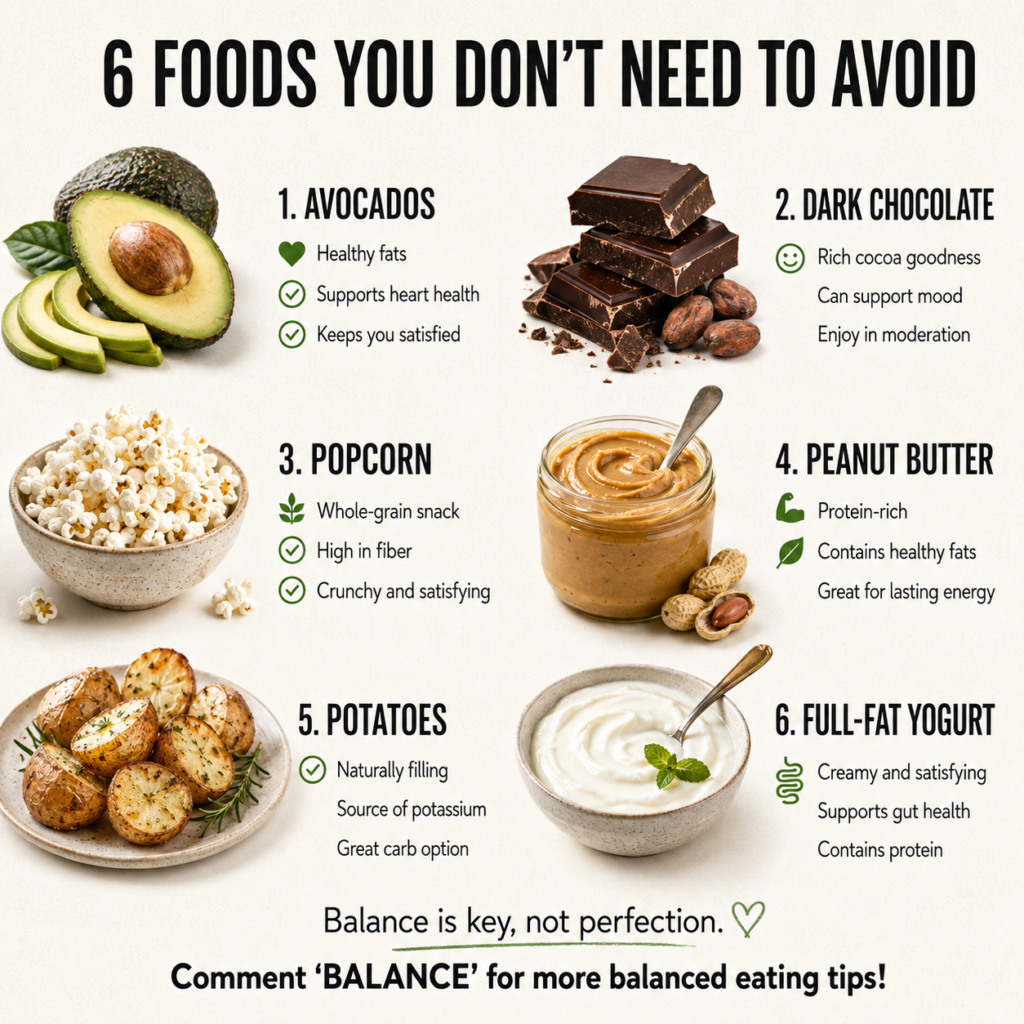 An infographic titled 6 Foods You Don t Need to Avoid for Healthy Eating featuring separate sections for avocado dark ch