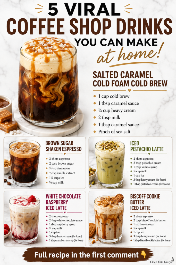 A top-down shot of five different iced coffee drinks on a white marble surface The prominent drink is a Salted Caramel C