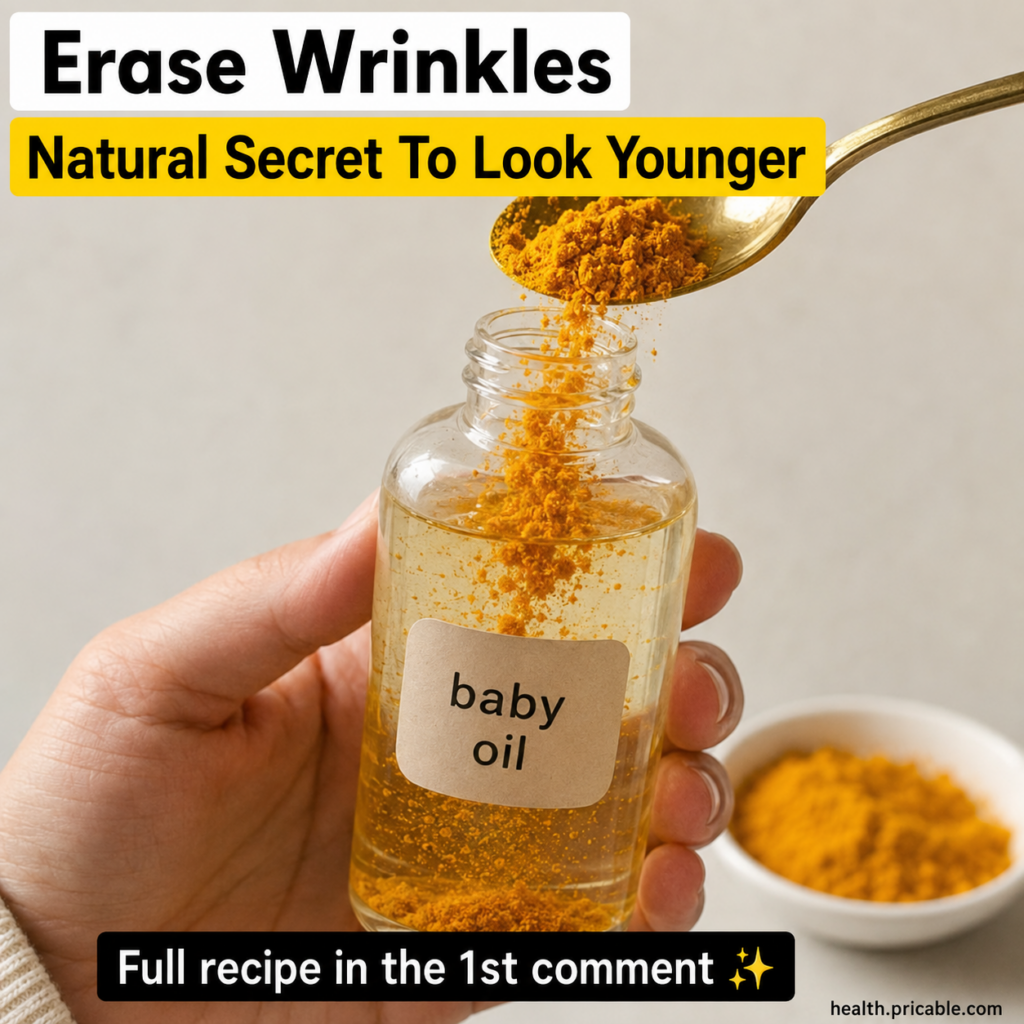 A hand holding a clear baby oil bottle with a golden spoon pouring bright yellow turmeric powder into it A small white b