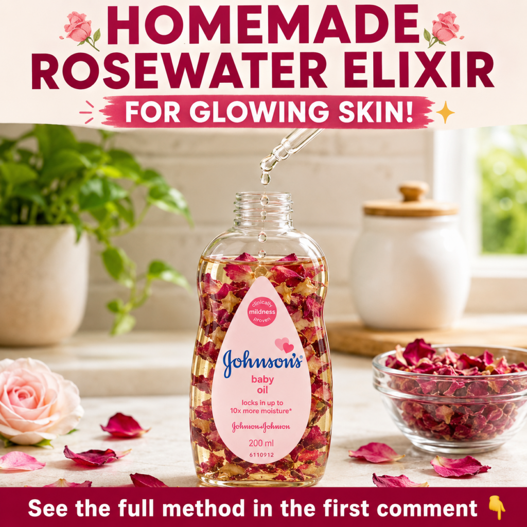A bottle of Johnson s Baby Oil filled with vibrant pink and red dried rose petals with a glass dropper adding more oil S