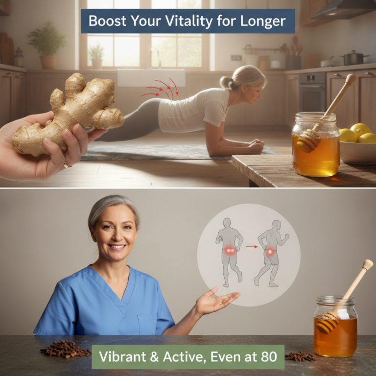 A two-panel composition showing a hand holding ginger root in a bright kitchen with an older woman doing a plank and a s