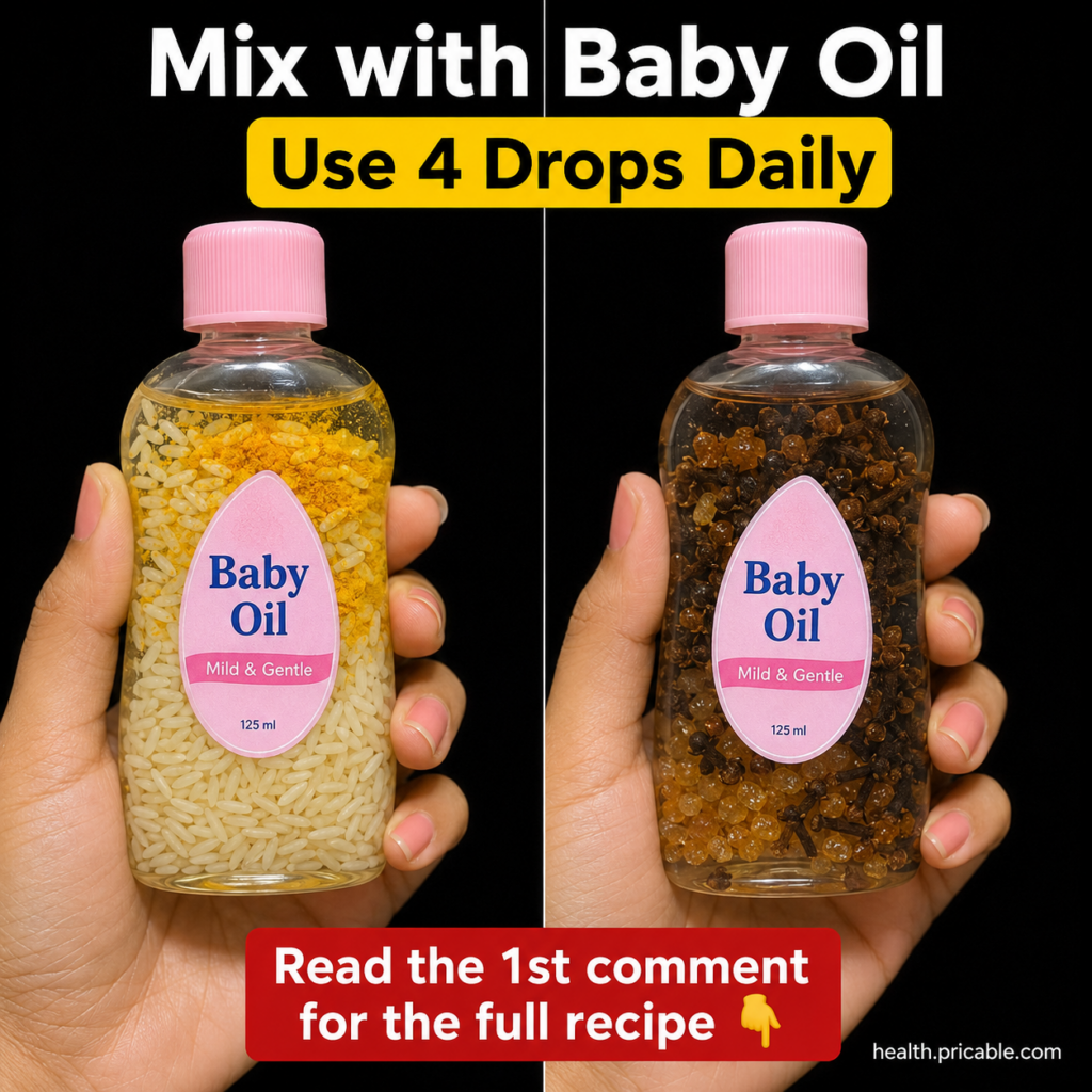 Two bottles of Johnson s Baby Oil one infused with rice and turmeric the other with cloves and small amber beads against