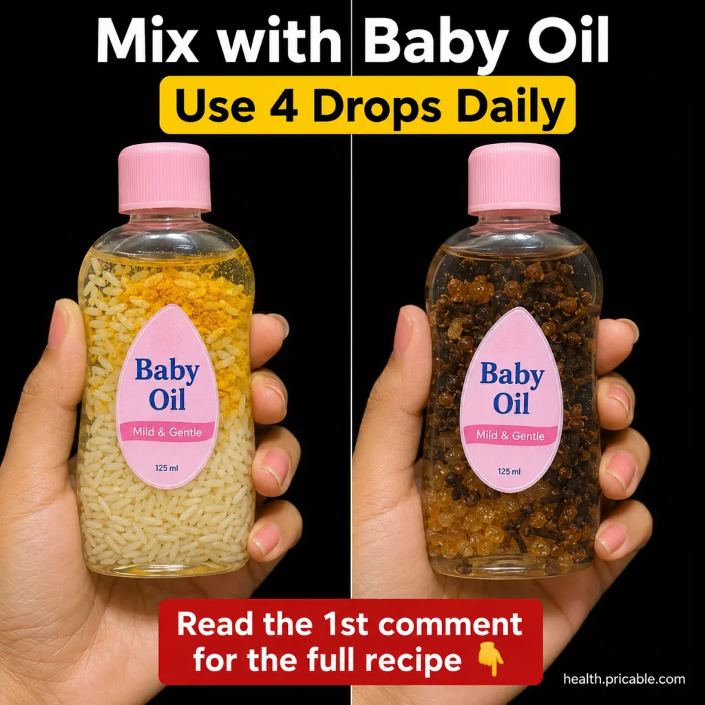 Two bottles of Johnson s Baby Oil one infused with rice and turmeric the other with cloves and small amber beads against