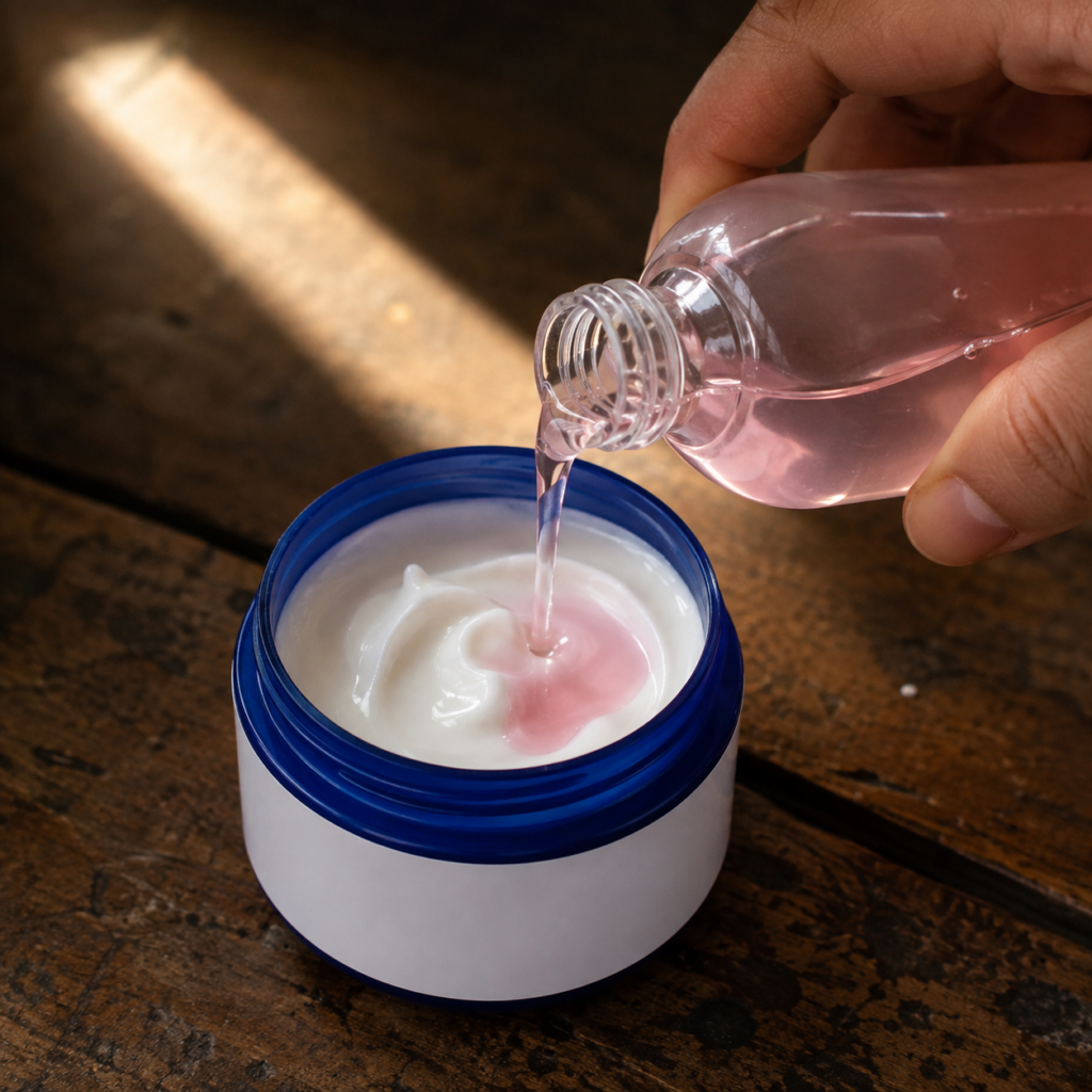 A hand pouring a pink liquid into a jar of white cream resembling Vaseline on a dark wooden surface with sunlight