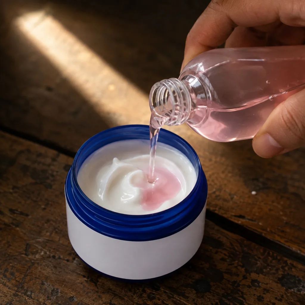 A hand pouring a pink liquid into a jar of white cream resembling Vaseline on a dark wooden surface with sunlight