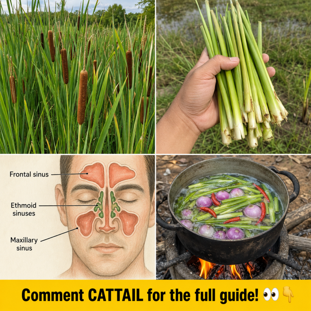 A four-panel collage showing cattail plants in a wetland a hand holding harvested cattail stalks a diagram of human sinu