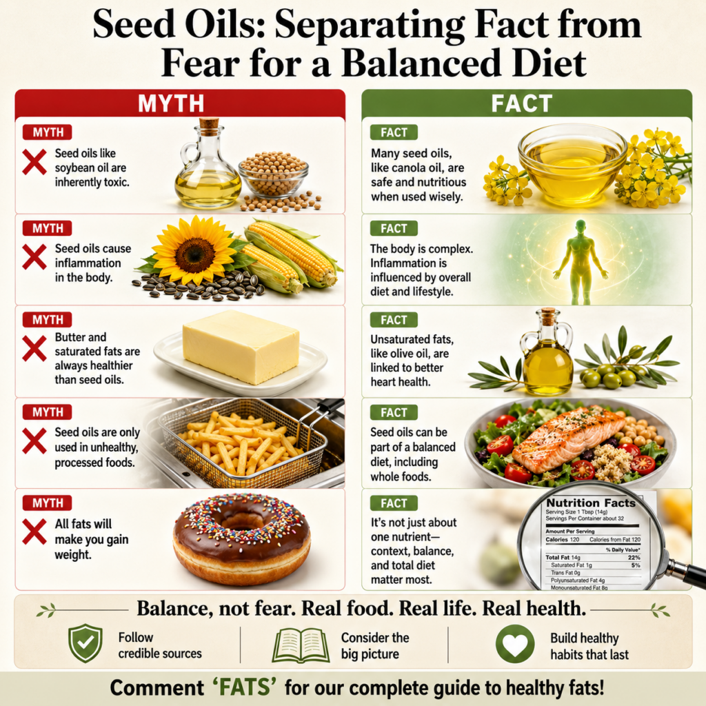 An infographic titled Seed Oils Separating Fact from Fear for a Balanced Diet with two columns MYTH red and FACT green E