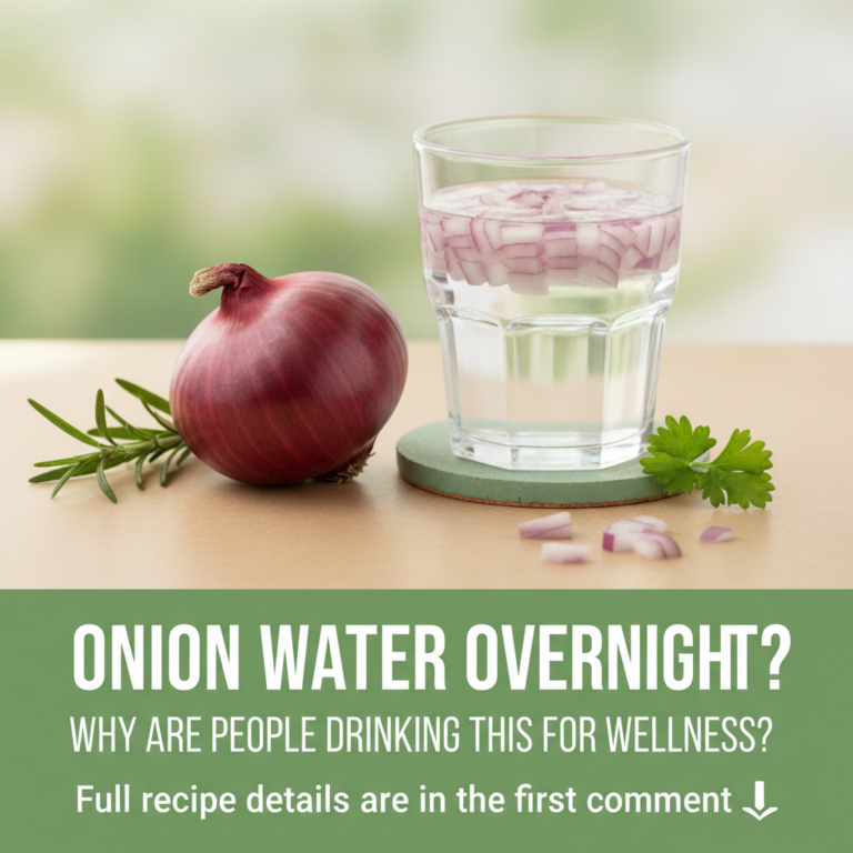 A flat lay composition showing a whole red onion a sprig of rosemary and a clear glass of water with diced red onion pie