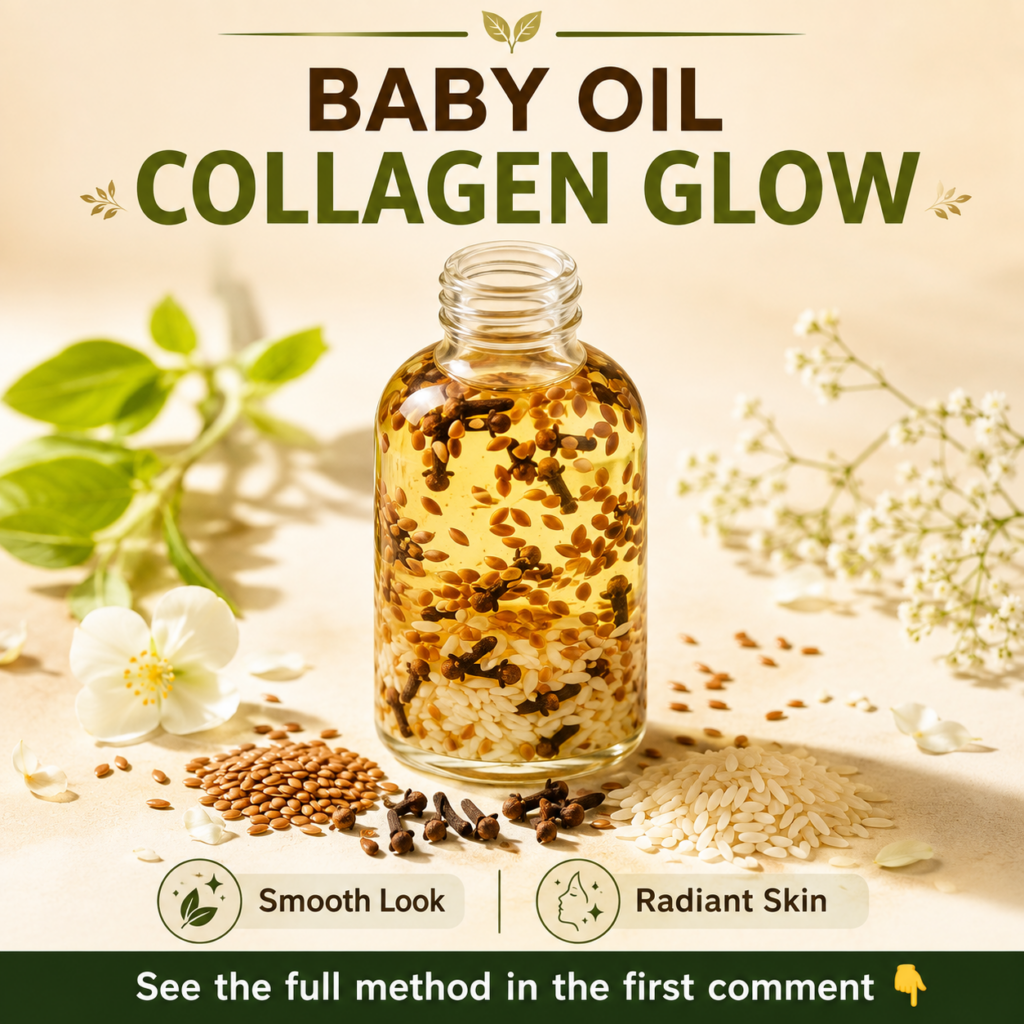 A clear glass bottle containing golden oil infused with flaxseeds cloves and white rice labeled COLLAGEN GLOW Dry ingred