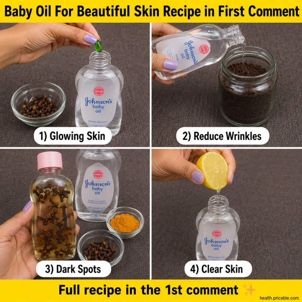 A four-panel instructional grid showing hands preparing different baby oil beauty recipes Each panel features baby oil m