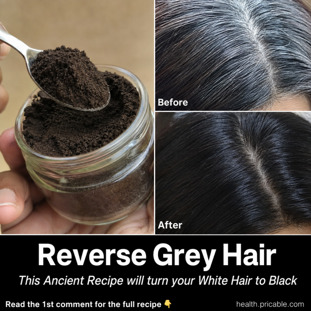 A hand holding a wooden spoon filled with dark finely ground herbal powder over a small glass jar also containing the po