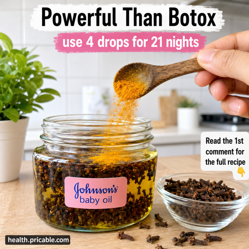 A hand pouring orange turmeric powder from a wooden spoon into a glass jar filled with dried cloves and clear baby oil o