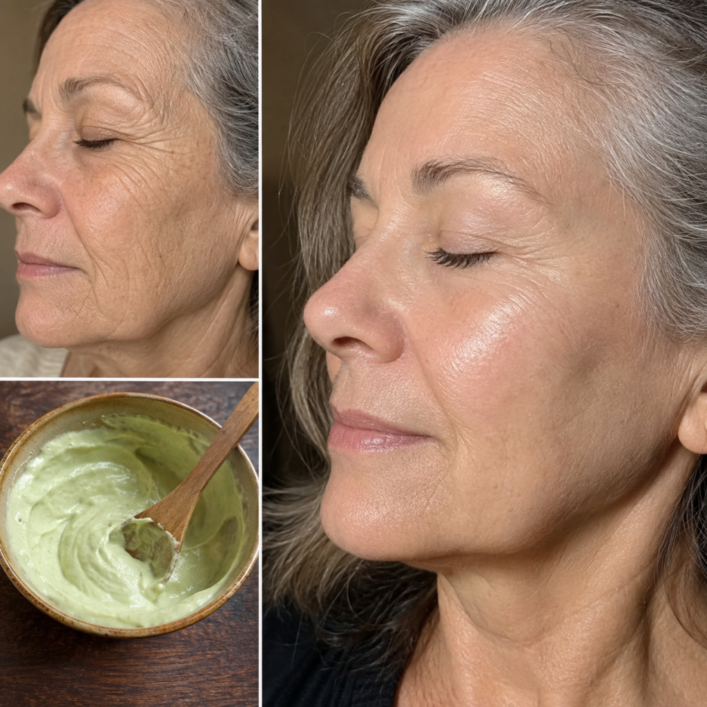 A triptych collage showing a woman s face before a natural skincare treatment visible wrinkles after treatment smoother 