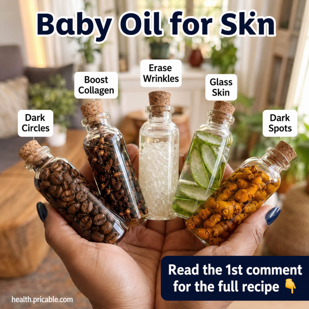 A hand holding five small glass bottles each containing a natural ingredient like coffee cloves aloe vera turmeric and s