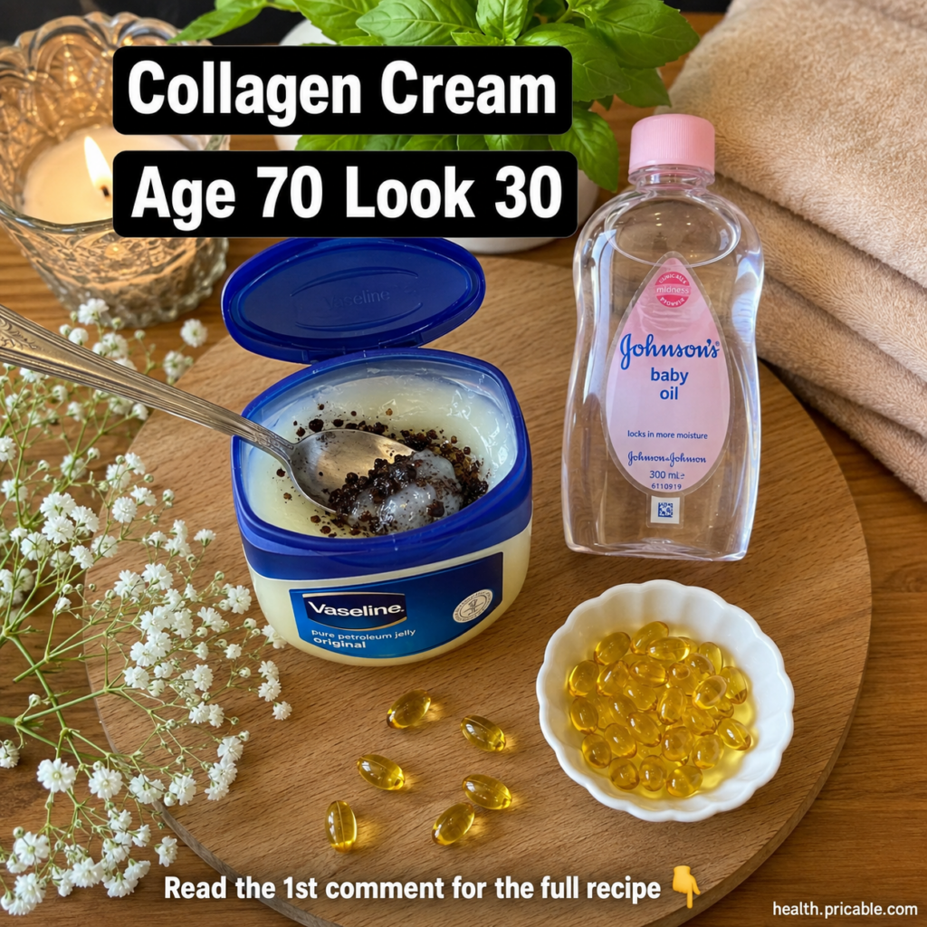 A flat lay of an open jar of Vaseline a bottle of baby oil and yellow Vitamin E capsules on a wooden surface suggesting 