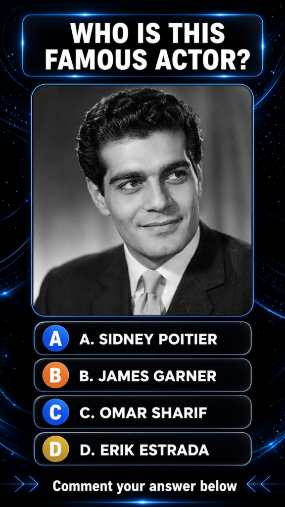 Black and white portrait of Omar Sharif from a classic Hollywood quiz with quiz interface elements