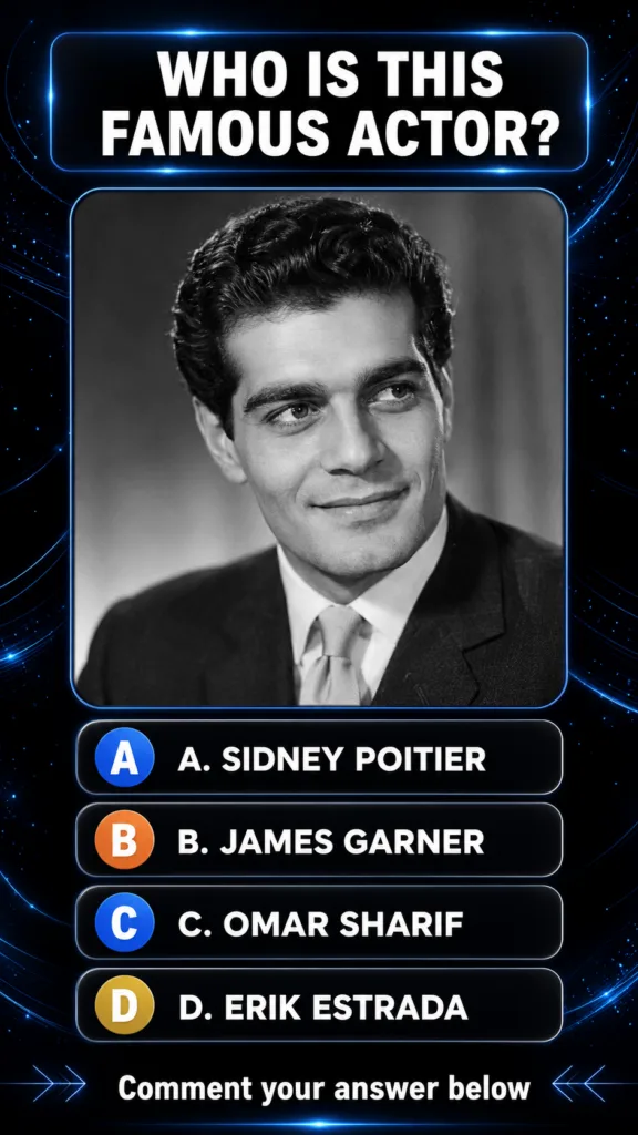 Black and white portrait of Omar Sharif from a classic Hollywood quiz with quiz interface elements
