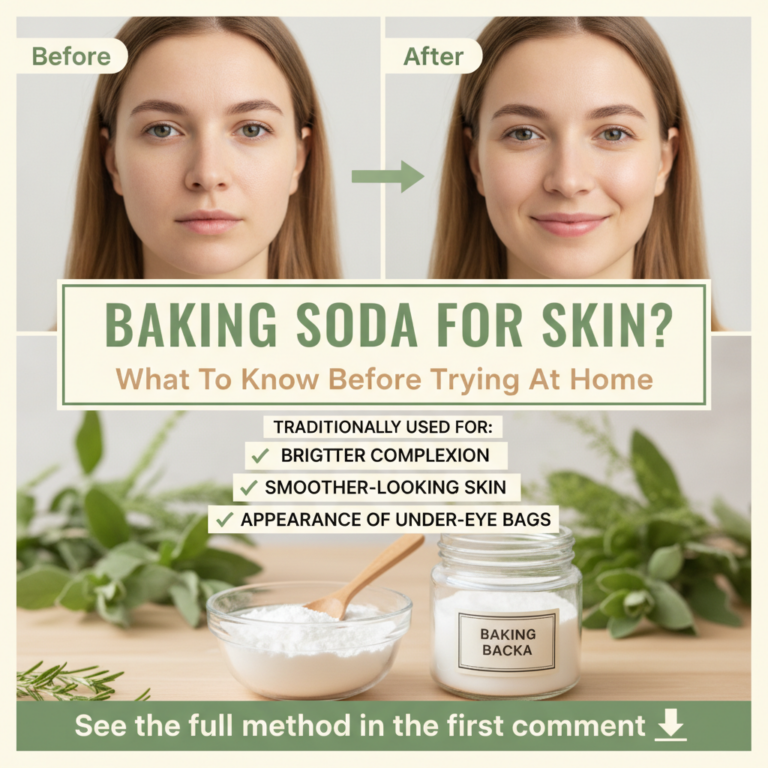 A multi-section graphic explaining baking soda for skincare featuring a Before After comparison of a young woman s face 
