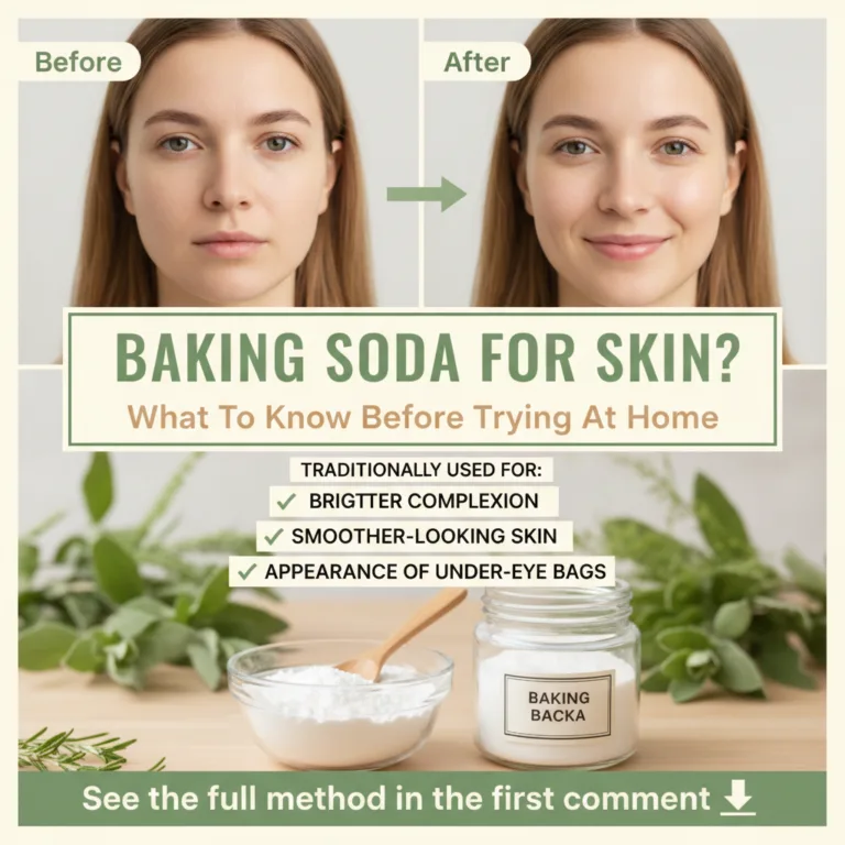 A multi-section graphic explaining baking soda for skincare featuring a Before After comparison of a young woman s face 