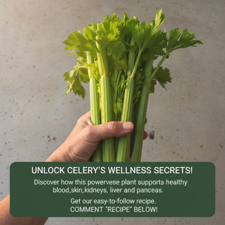 A human hand holding a large fresh bunch of vibrant green celery against a muted background with text UNLOCK CELERY S WE