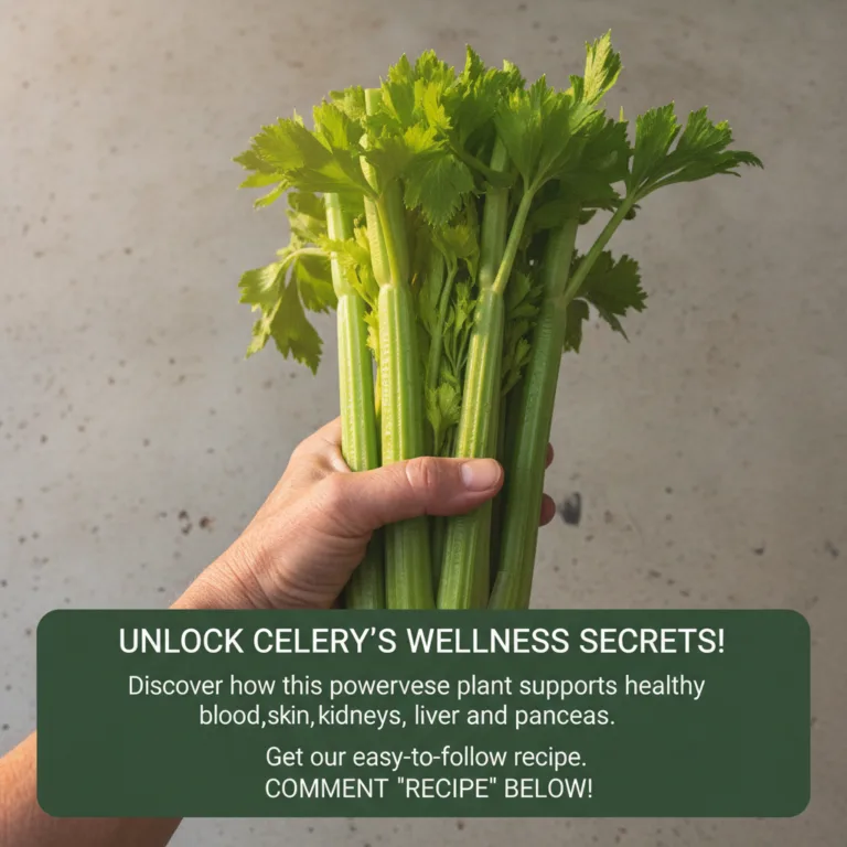 A human hand holding a large fresh bunch of vibrant green celery against a muted background with text UNLOCK CELERY S WE