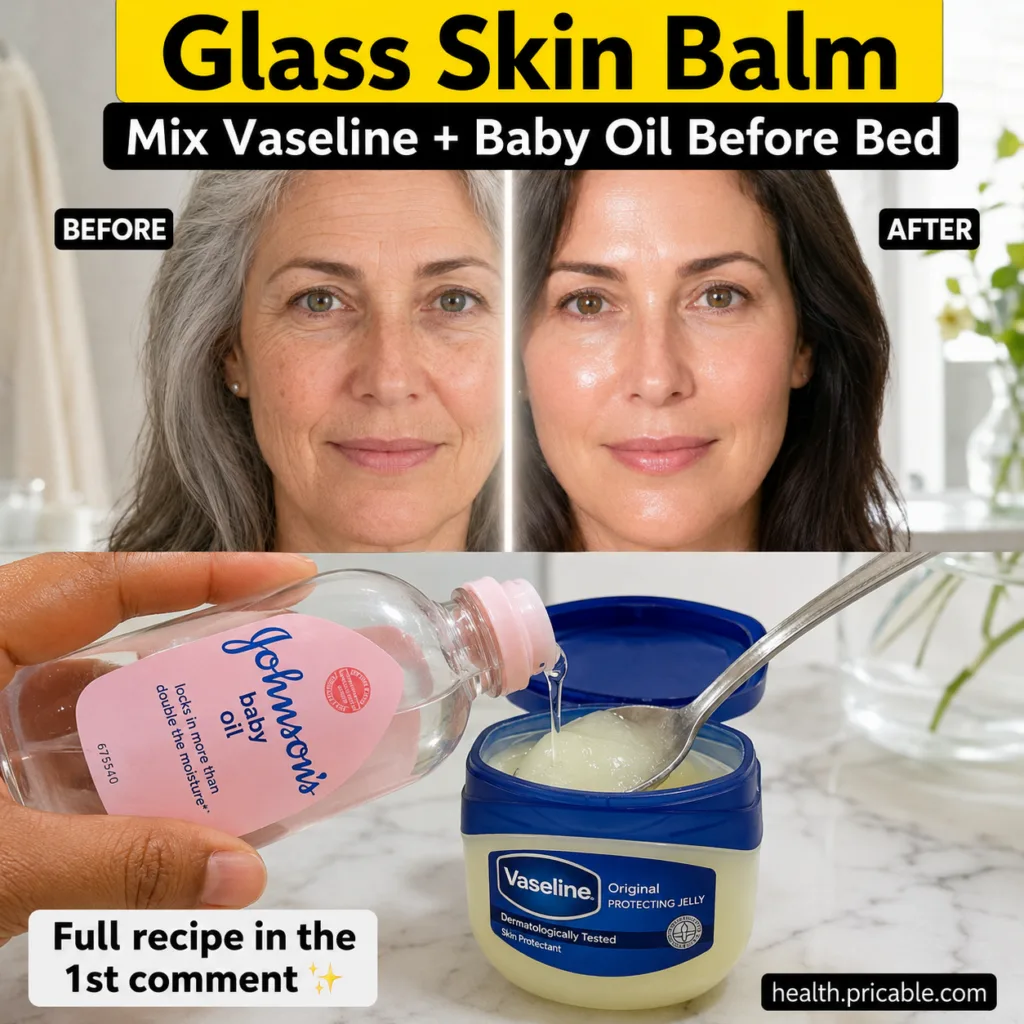 A split image showing a BEFORE side with dull slightly wrinkled skin and an AFTER side with smooth dewy glass skin In th