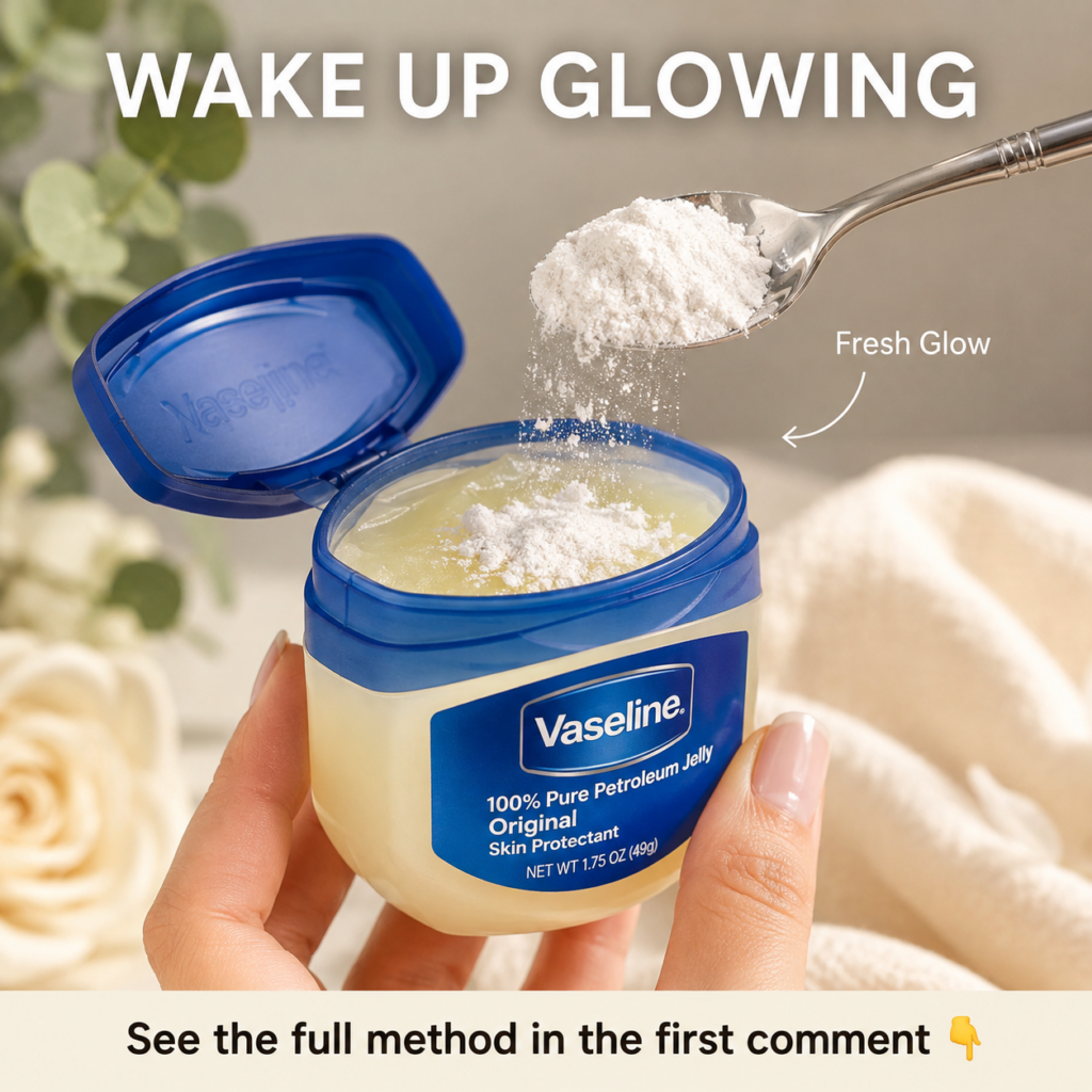 A hand holding a jar of Vaseline with a silver spoon sifting fine white powder into the jelly creating a Fresh Glow effe