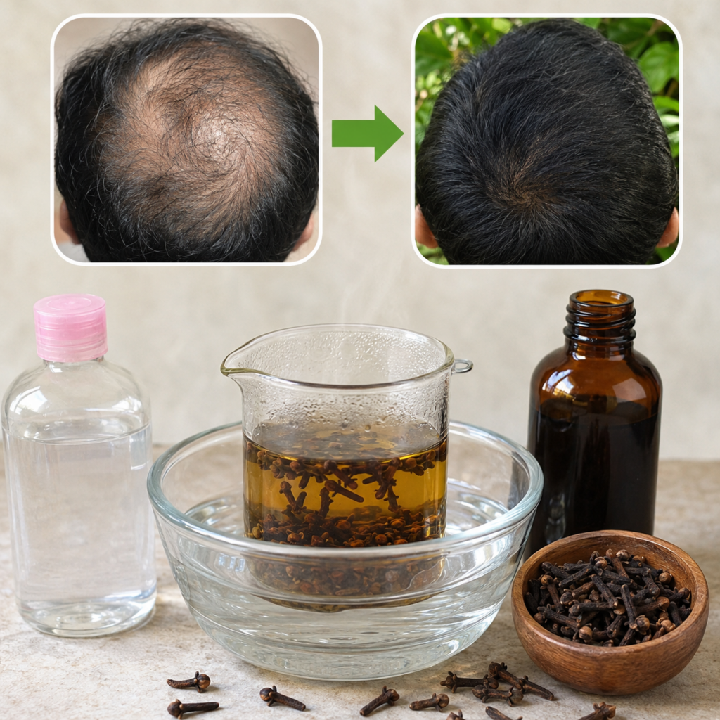 A before and after comparison of a scalp with improved hair density alongside an image of whole cloves infusing in a car