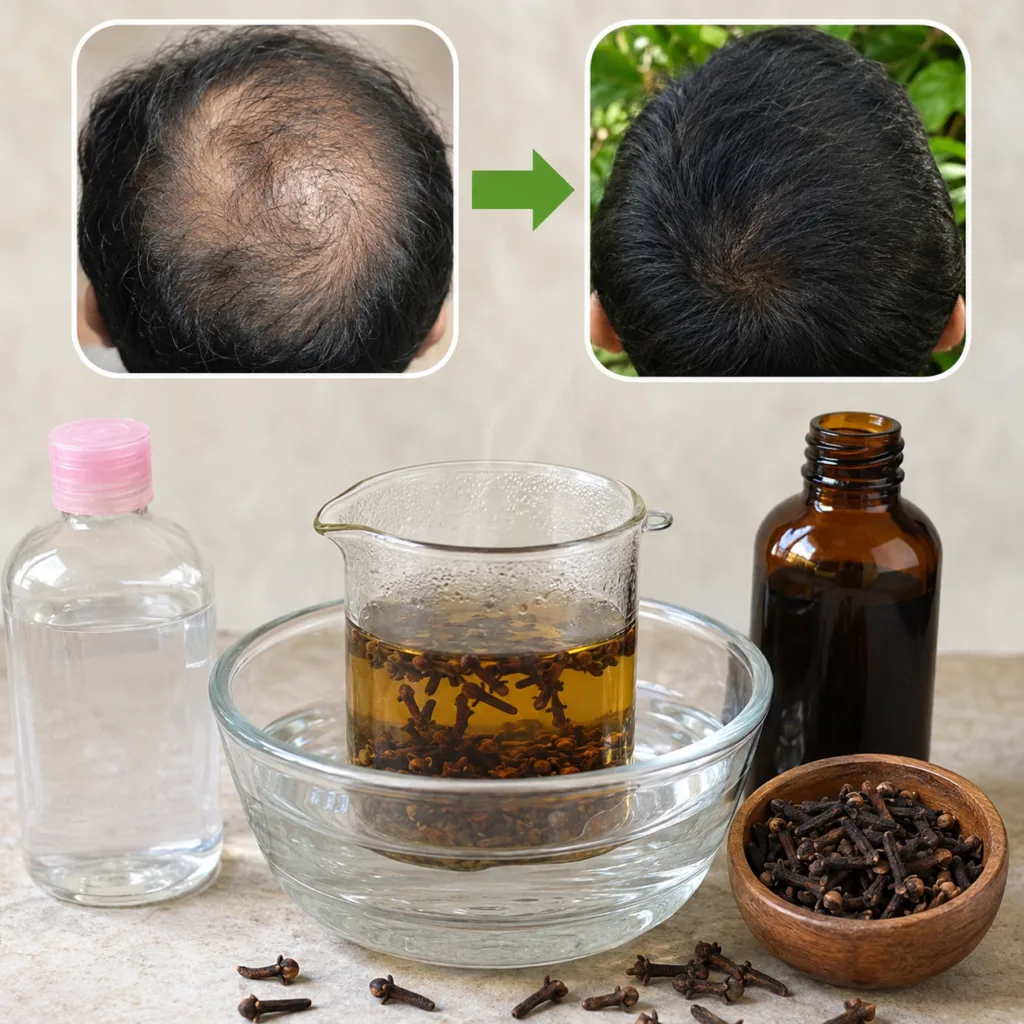 A before and after comparison of a scalp with improved hair density alongside an image of whole cloves infusing in a car