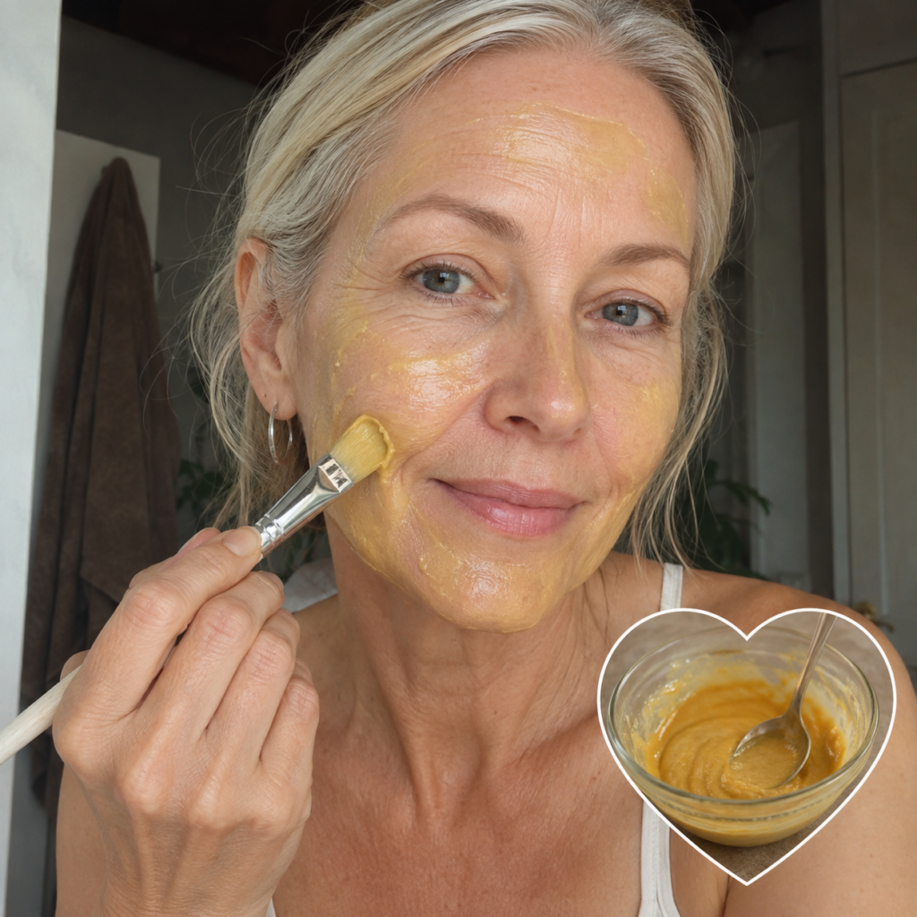A woman in her 40s or 50s applying a homemade yellow-orange facial mask to her cheek with a small brush looking calm and