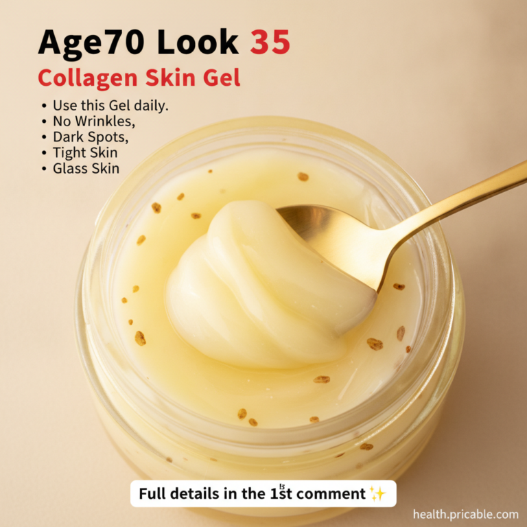 A clear glass jar containing a pale yellow creamy Collagen Skin Gel with a golden spoon scooping out a dollop showing sm