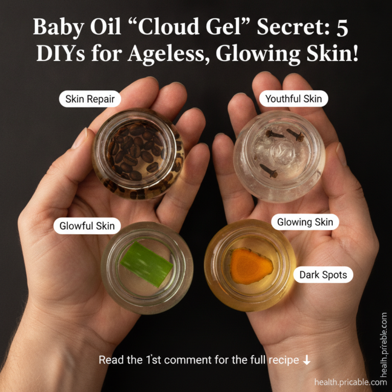 A pair of hands holding four small clear glass jars with infused liquids coffee beans cloves aloe vera turmeric for skin
