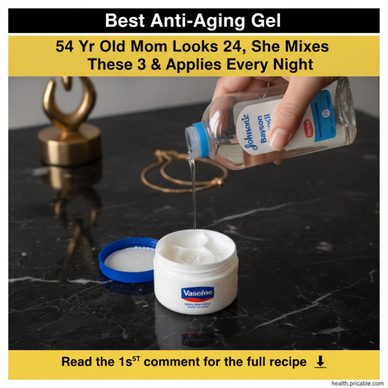 A hand pouring Johnson s Baby Oil into a jar of Vaseline on a dark marble surface with a text overlay about anti-aging g