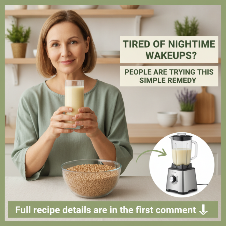 A smiling middle-aged woman in a modern kitchen holding a glass of a creamy beverage with a bowl of small brown seeds in
