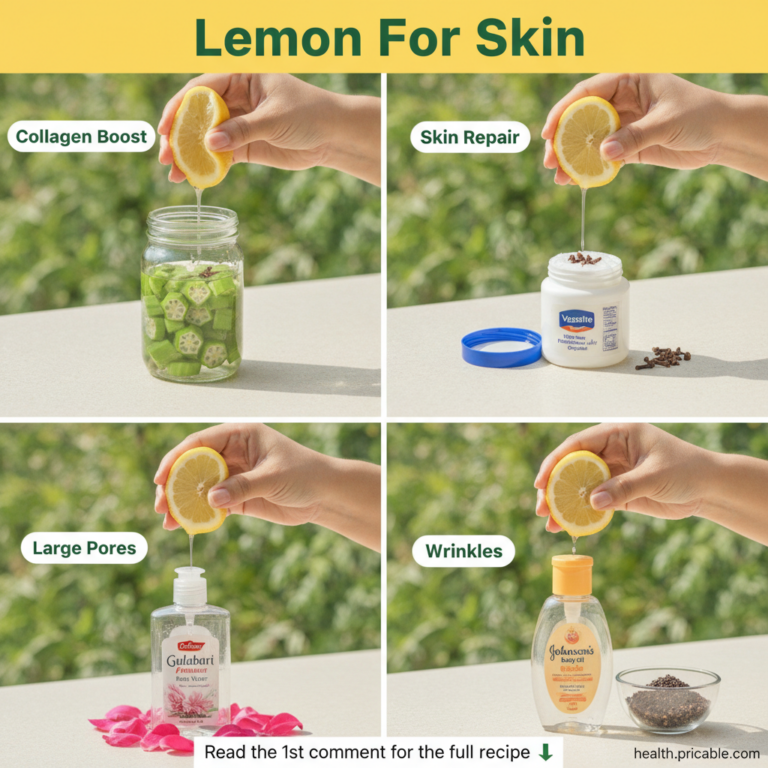 A four-panel grid showing different DIY lemon-based skincare remedies lemon with okra for collagen lemon with petroleum 
