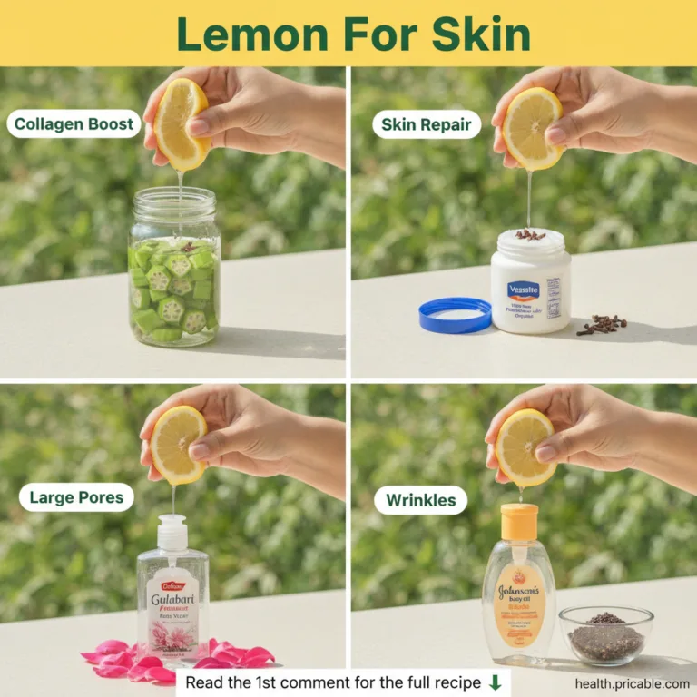 A four-panel grid showing different DIY lemon-based skincare remedies lemon with okra for collagen lemon with petroleum 