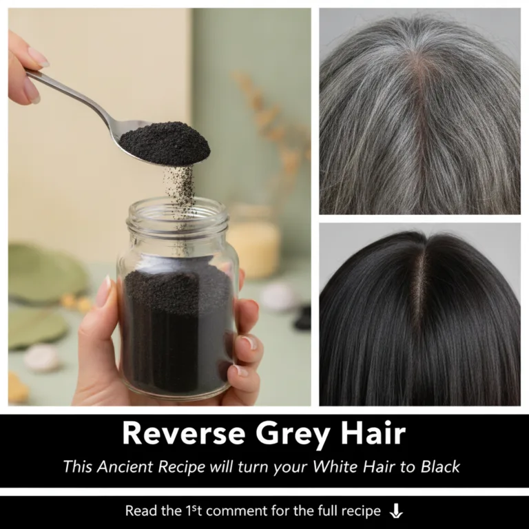 Hands pouring dark herbal powder from a spoon into a glass jar alongside panels showing grey hair transforming into blac