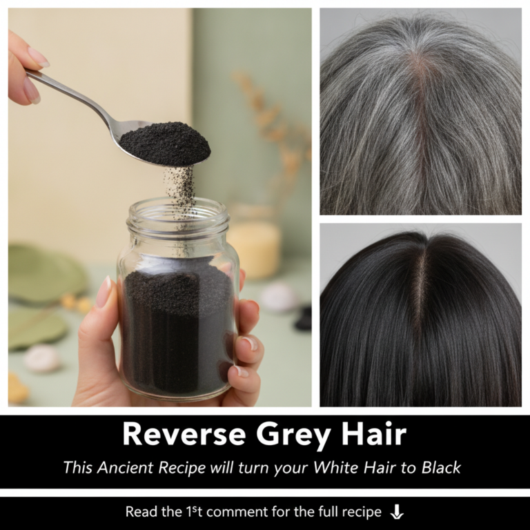 A dynamic collage promoting a natural hair remedy with a hand pouring black powder into a jar a before shot of grey hair