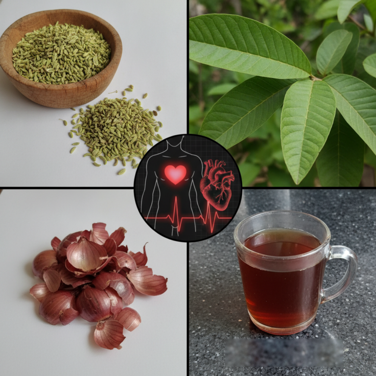 A four-quadrant composite image showcasing fennel seeds fresh green guava leaves reddish-brown onion peels and a mug of 