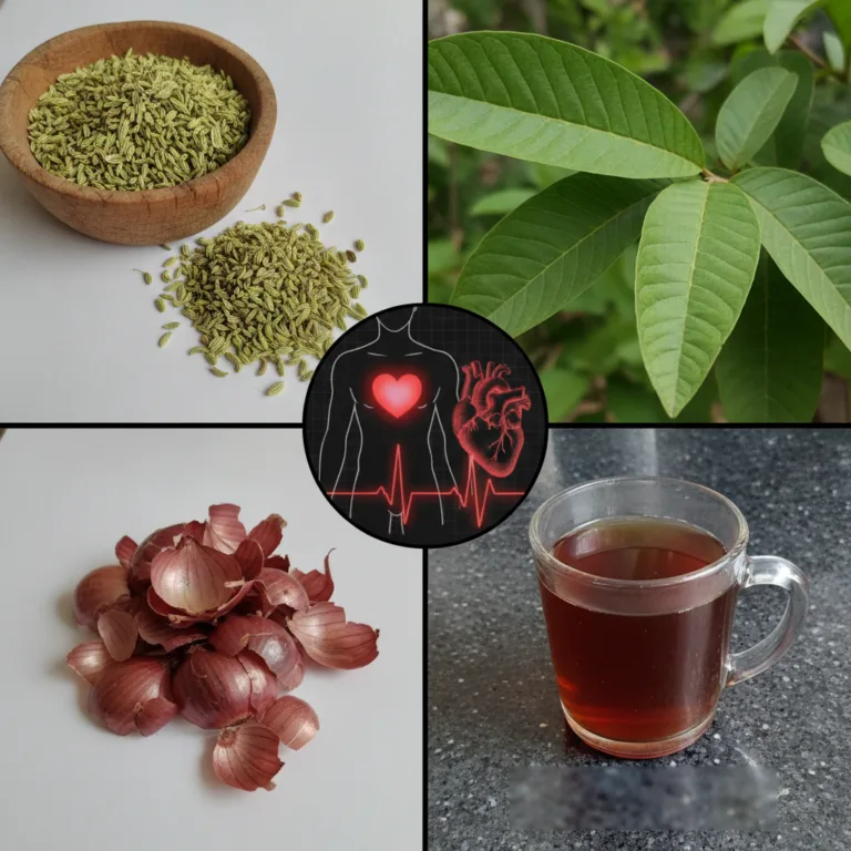 A four-quadrant composite image showcasing fennel seeds fresh green guava leaves reddish-brown onion peels and a mug of 