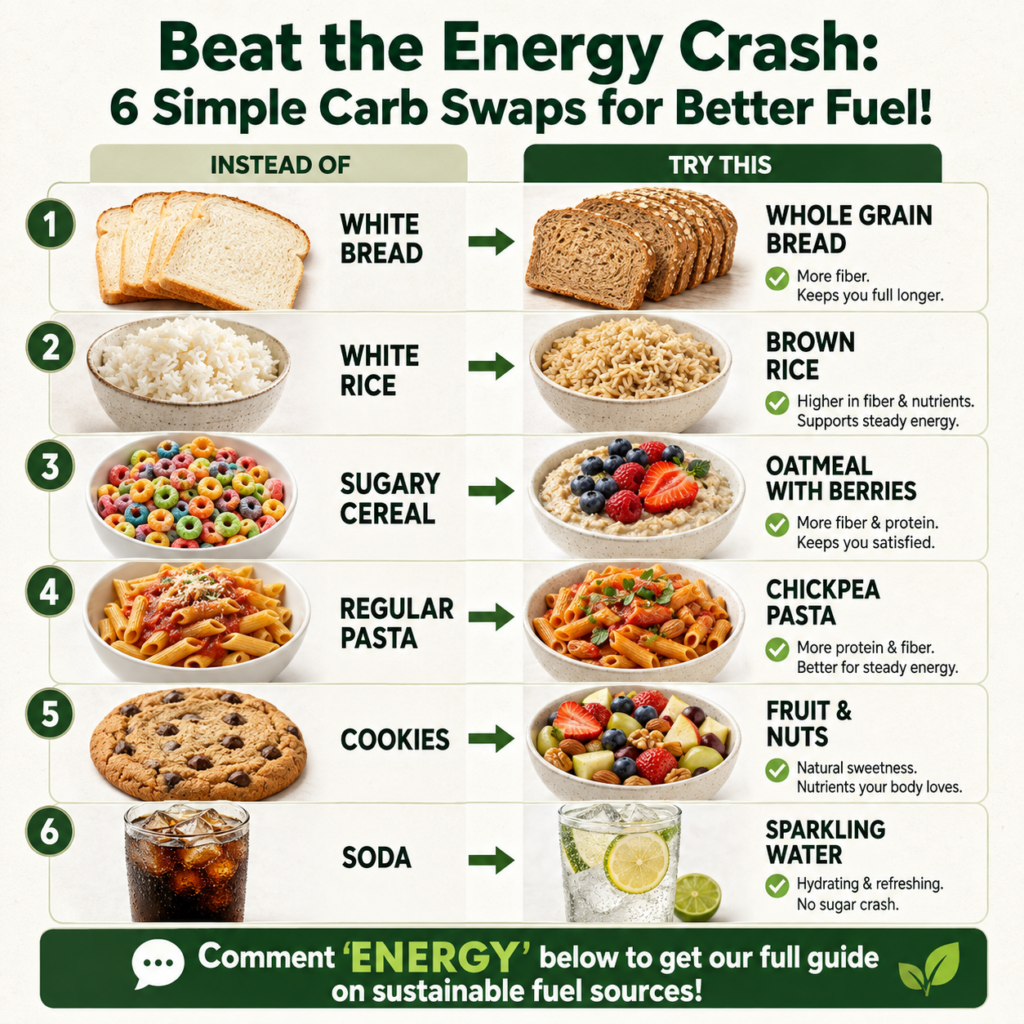 An infographic showing 6 side-by-side comparisons of unhealthy refined carbs vs healthier complex carbs with arrows indi