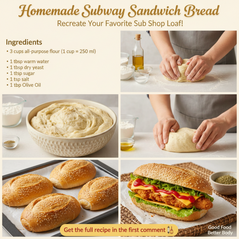 A collage showing steps for making homemade Subway sandwich bread including kneading dough risen dough baked loaves with
