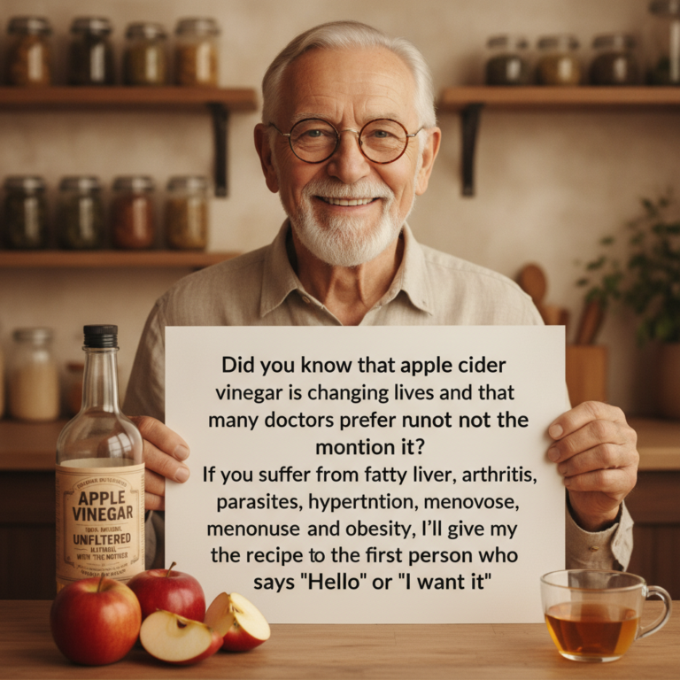 A friendly senior man holding a sign about apple cider vinegar benefits with a bottle of ACV fresh apples and a glass of