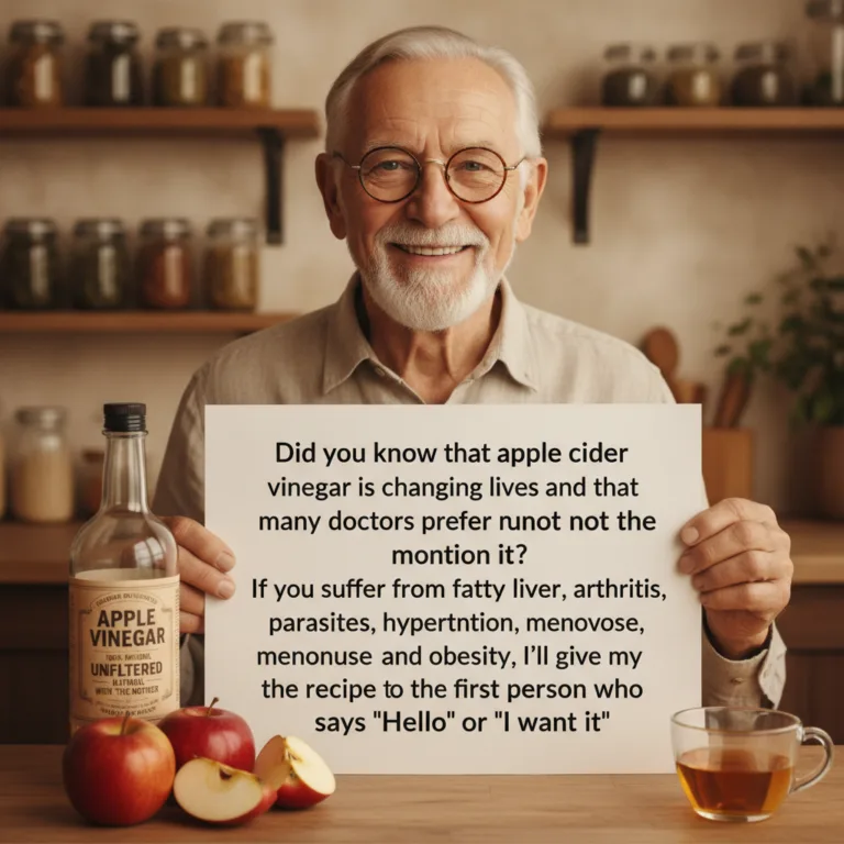 A friendly senior man holding a sign about apple cider vinegar benefits with a bottle of ACV fresh apples and a glass of