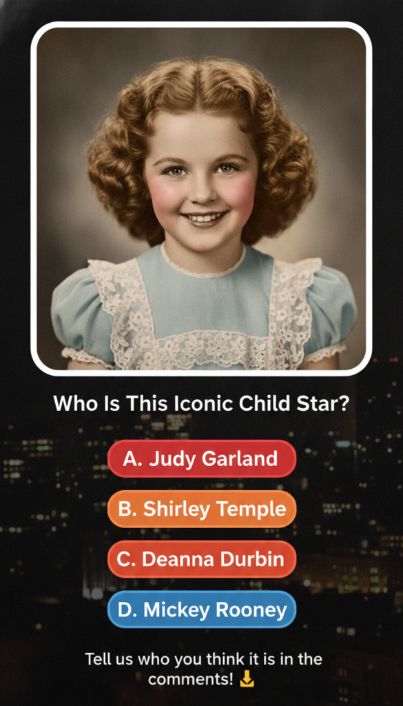 A colorized portrait of a smiling young Shirley Temple with bright blue eyes rosy cheeks and signature blonde ringlet cu