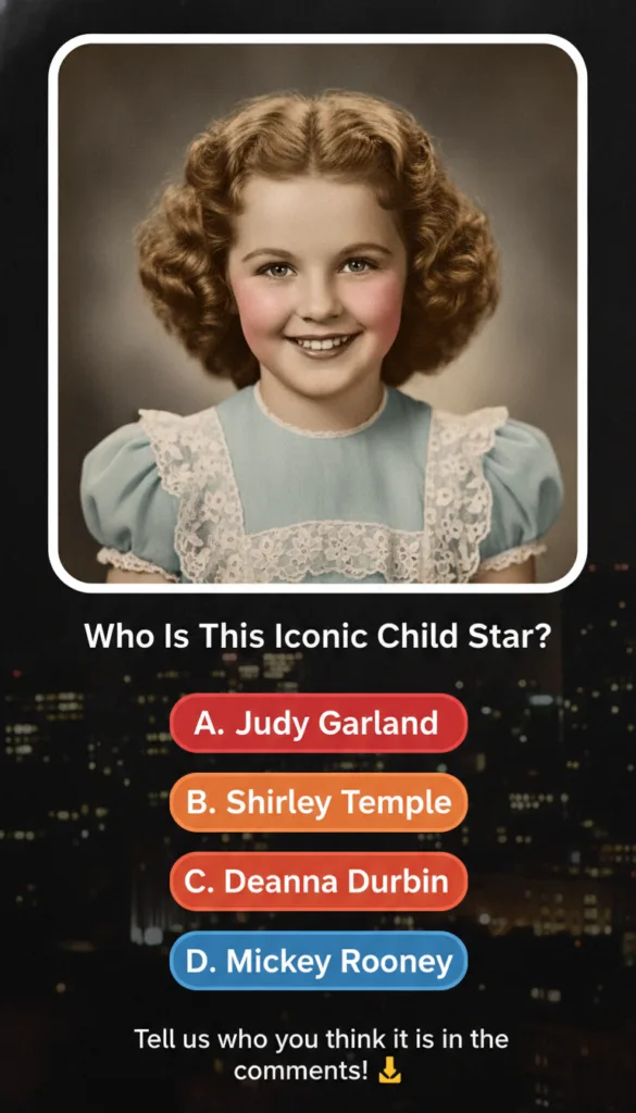 A colorized portrait of a smiling young Shirley Temple with bright blue eyes rosy cheeks and signature blonde ringlet cu