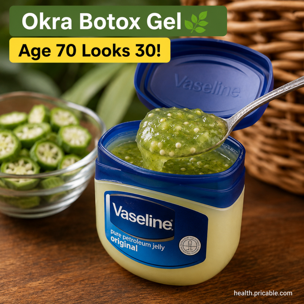 A close-up of a repurposed jar filled with green gelatinous okra gel with a spoon scooping out some product Sliced fresh