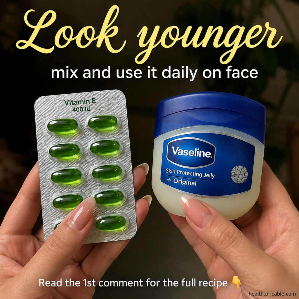 A close-up shot of hands holding a jar of Vaseline and a blister pack of green Vitamin E capsules highlighting the two m